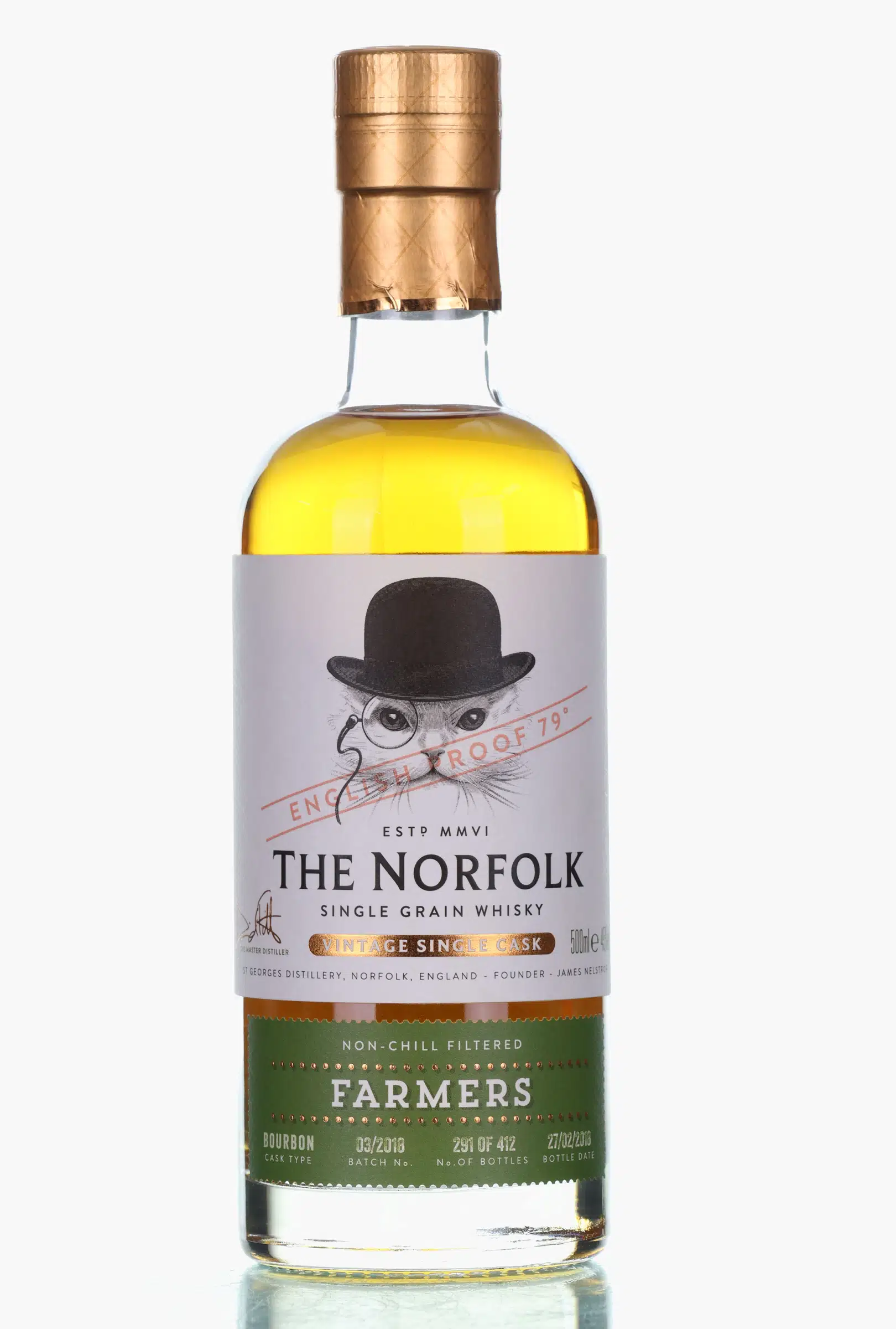 St George's The Norfolk Farmers, Bourbon Cask, Batch No. 03/2018, 2018, 45% whisky bottle