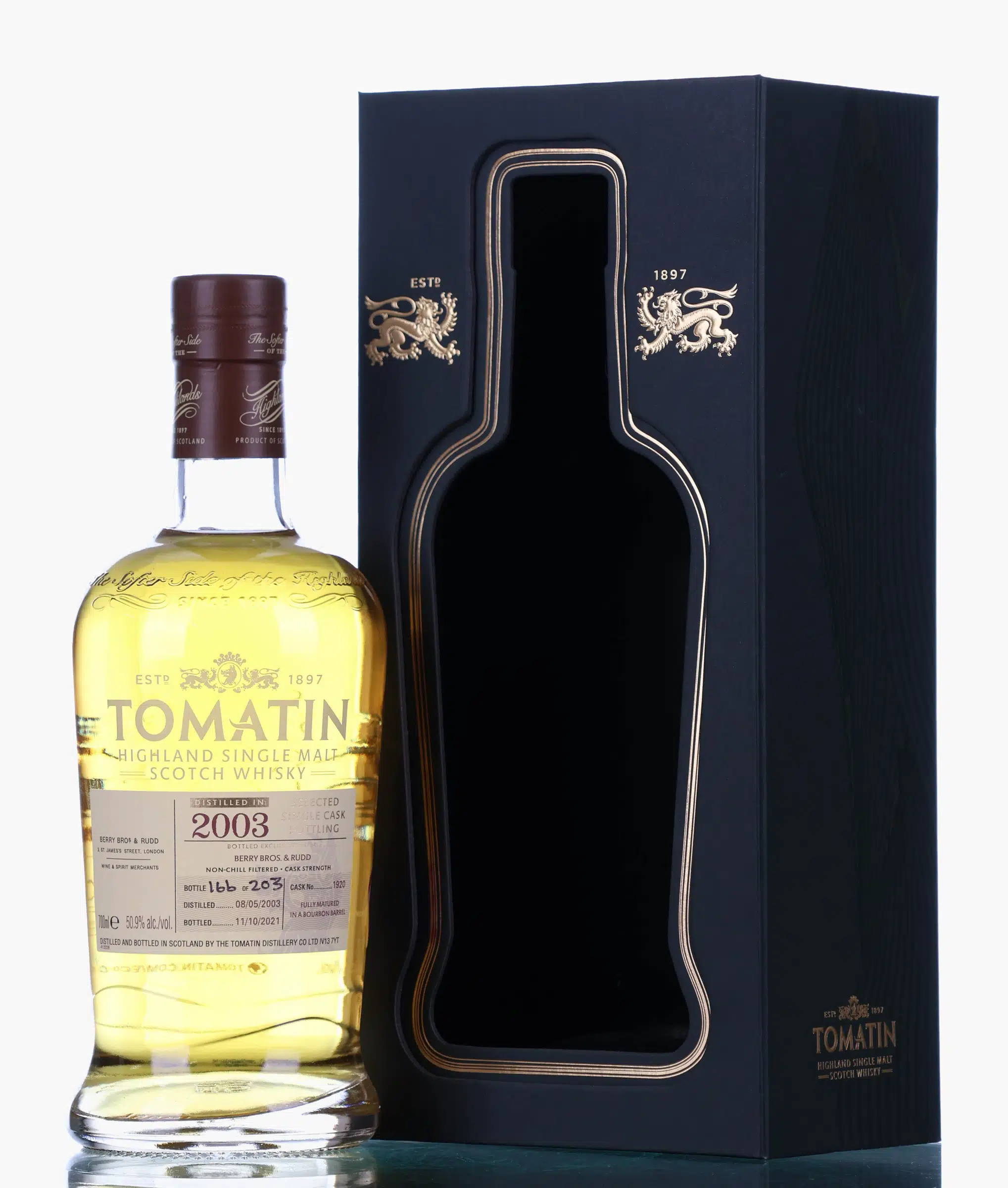 Tomatin 18 Year Old, Bourbon Cask, Cask #1920, 2003, Berry Bros & Rudd, 50.9% whisky bottle