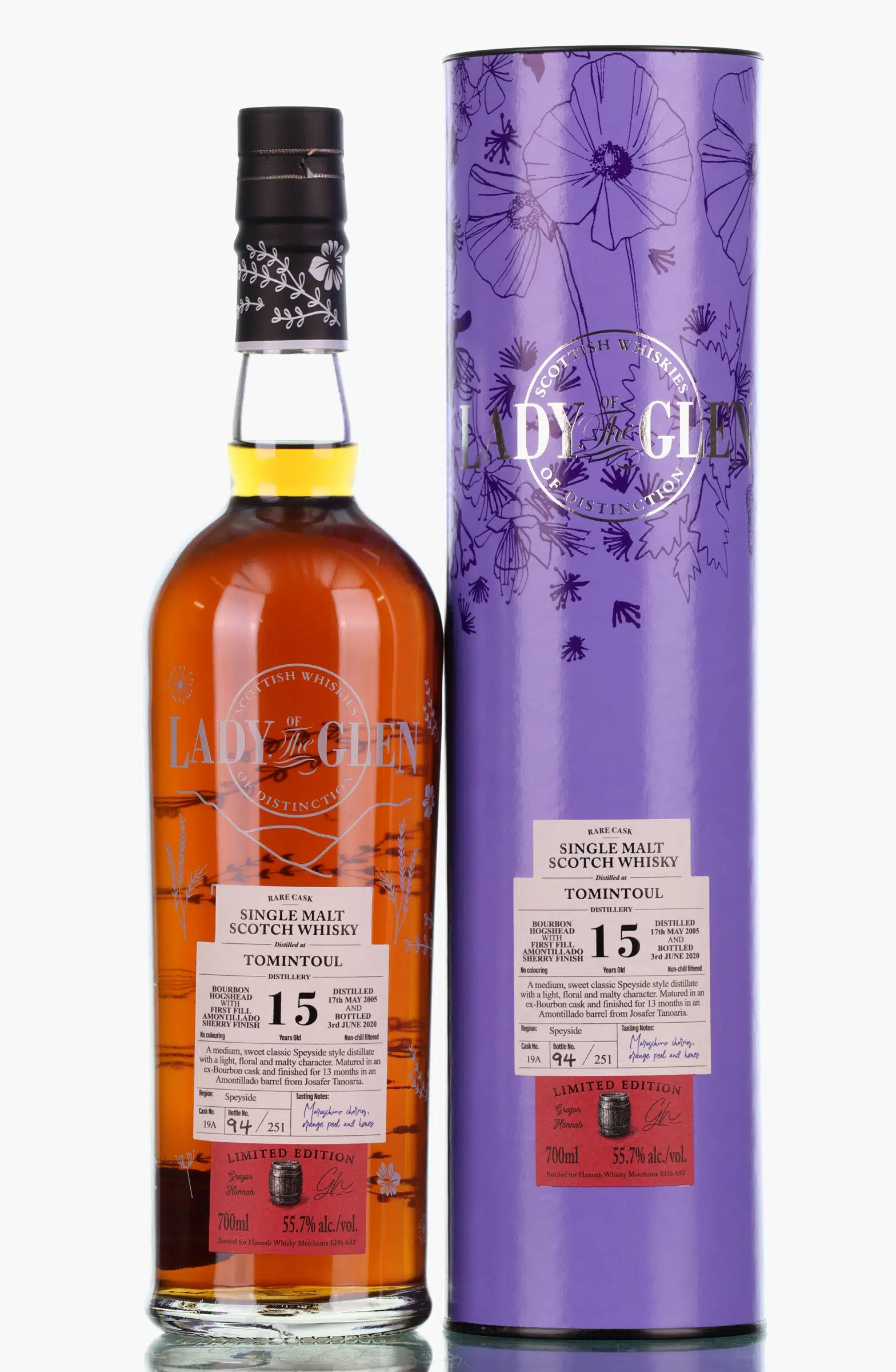 Tomintoul Lady of the Glen 15 Year Old, Bourbon Hogshead & Amontillado Sherry Cask, Cask #19A, 2005, Lady of the Glen, 55.7% whisky bottle