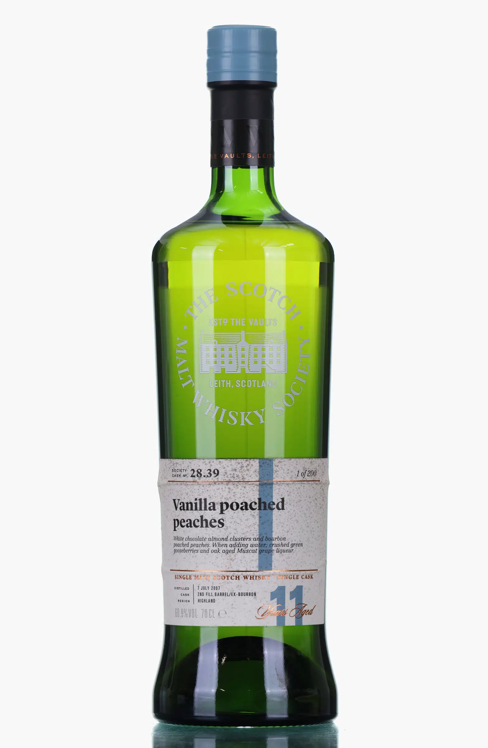 Tullibardine Vanilla Poached Peaches 11 Year Old, Bourbon Cask, Cask #28.39, 2007, The Scotch Malt Whisky Society, 60.9% whisky bottle