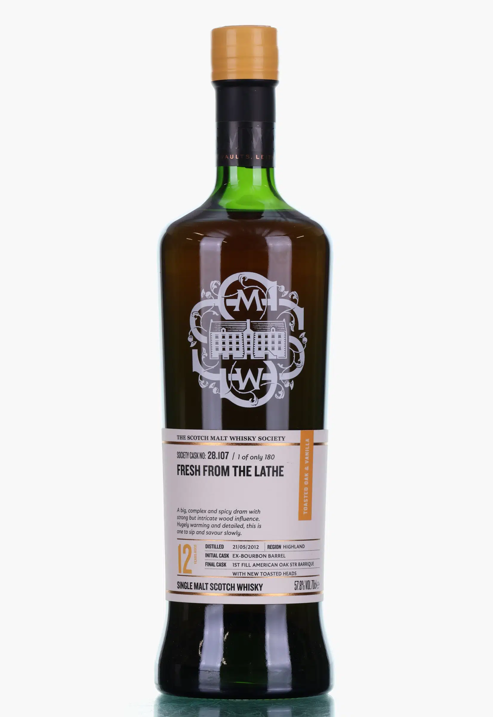 Tullibardine Fresh From The Lathe 12 Year Old, Bourbon Barrel & American Oak STR Barrique Cask, Cask #107, 2012, The Scotch Malt Whisky Society, 57.8% whisky bottle