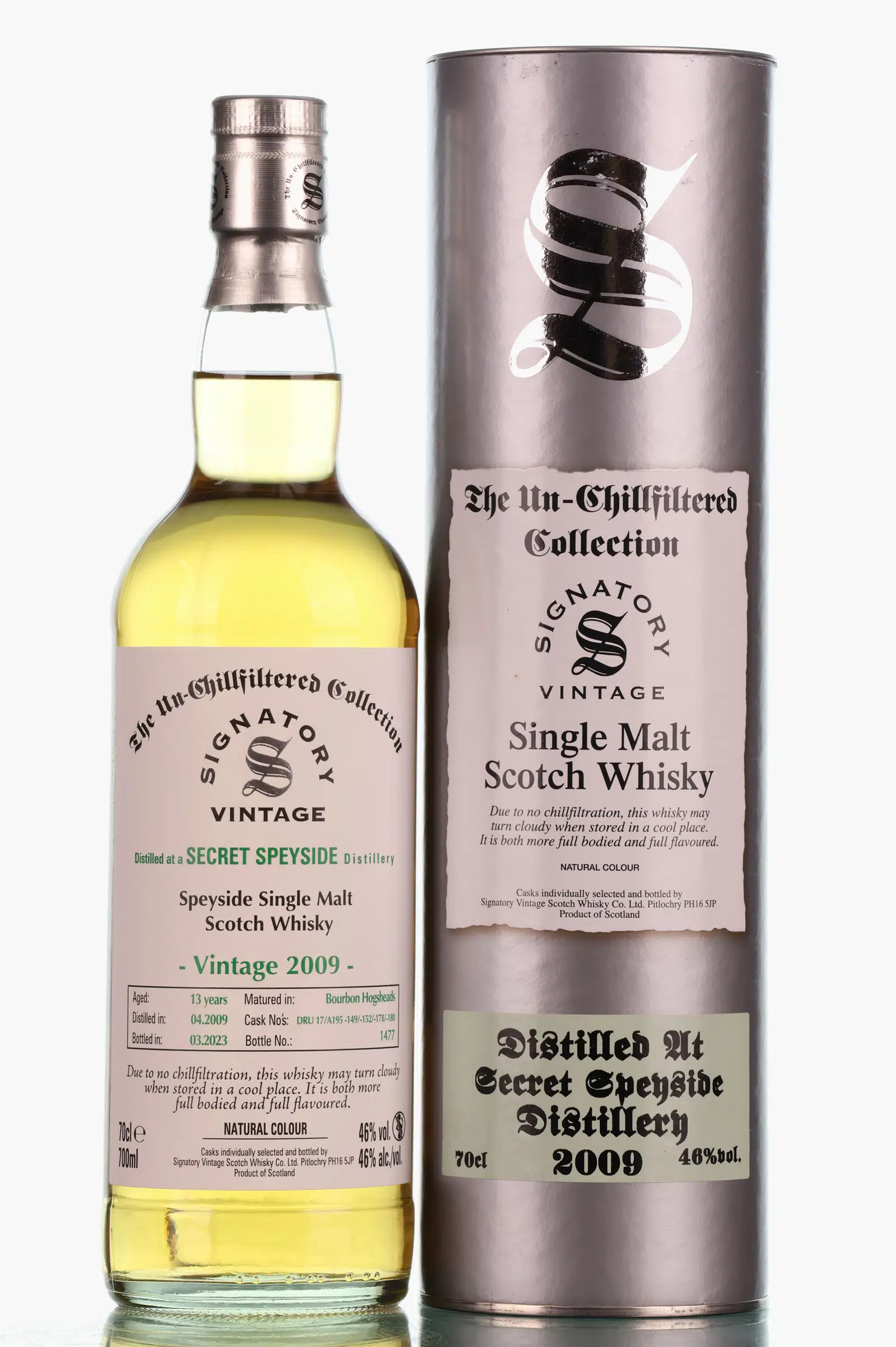 Unnamed Speyside The Un-Chillfiltered Collection 13 Year Old, Bourbon Cask, Cask No. DRU 17/A95-149-152-178-180, 2009, Signatory Vintage, 46% whisky bottle