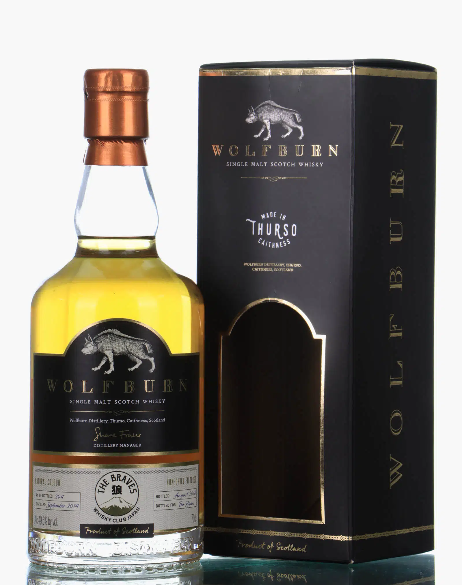 Wolfburn Single Cask #1 The Braves Whisky Club Japan 3 Year Old, Bourbon & Sherry Cask, Cask #1, 2018, 49.6% whisky bottle