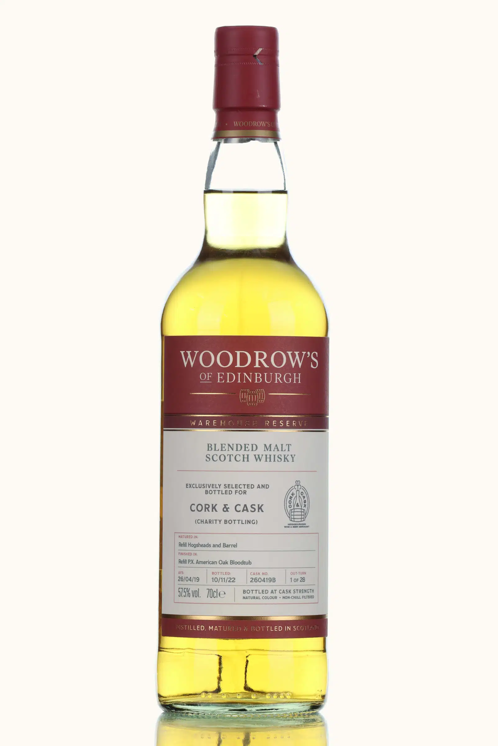 Woodrow's Blended Malt Cork & Cask Charity Bottling, Refill Hogsheads & Barrel & PX American Oak Bloodtub Cask, Cask #260419B, 10 November 2022, 57.5% whisky bottle